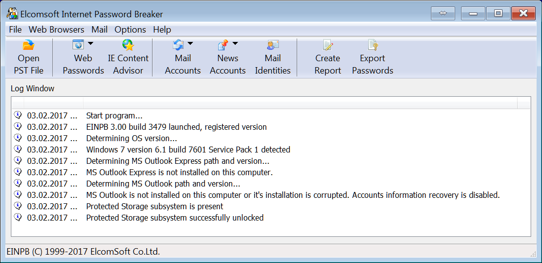 Elcomsoft Internet Password Breaker main window